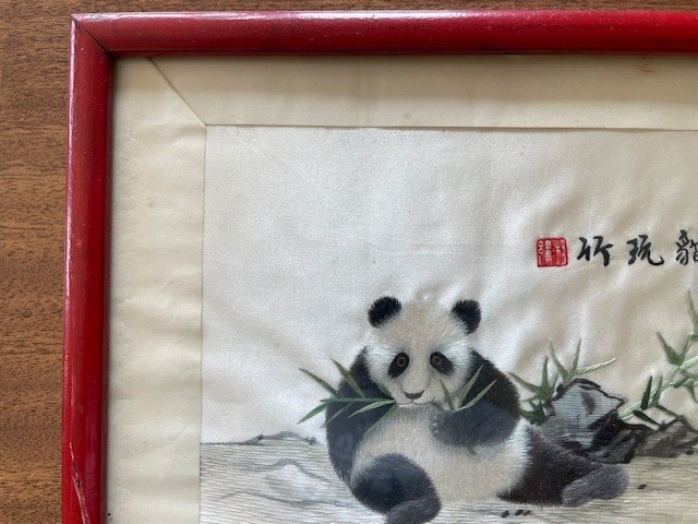 Vintage Chinese Art Silk Hand Embroidered PANDA Framed Signed