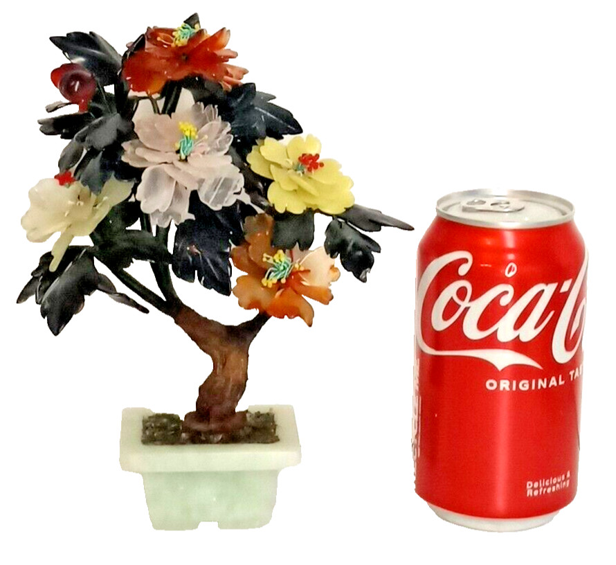 Vintage MCM Chinese Jade Quartz Hand Carved Floral Bonsai Tree in Planter 7.5″