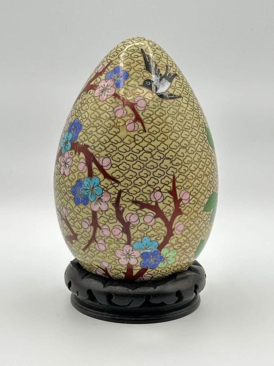 Vintage Chinese Cloisonné Enamel Egg w/ Wood Stand Floral & Bird 7.25″