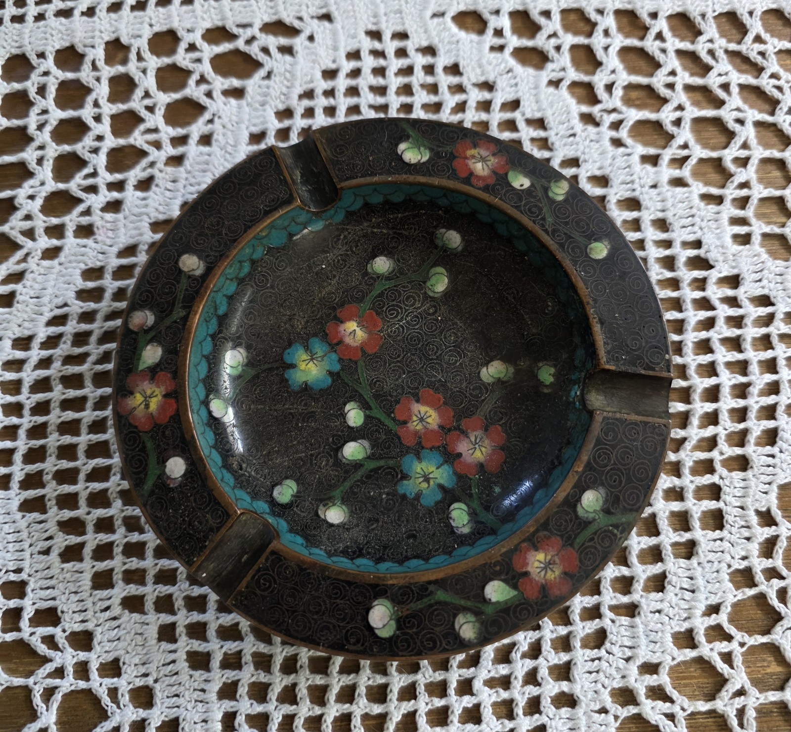 Vintage Chinese Cloisonne Enamel on Brass Floral Ashtray Trinkets