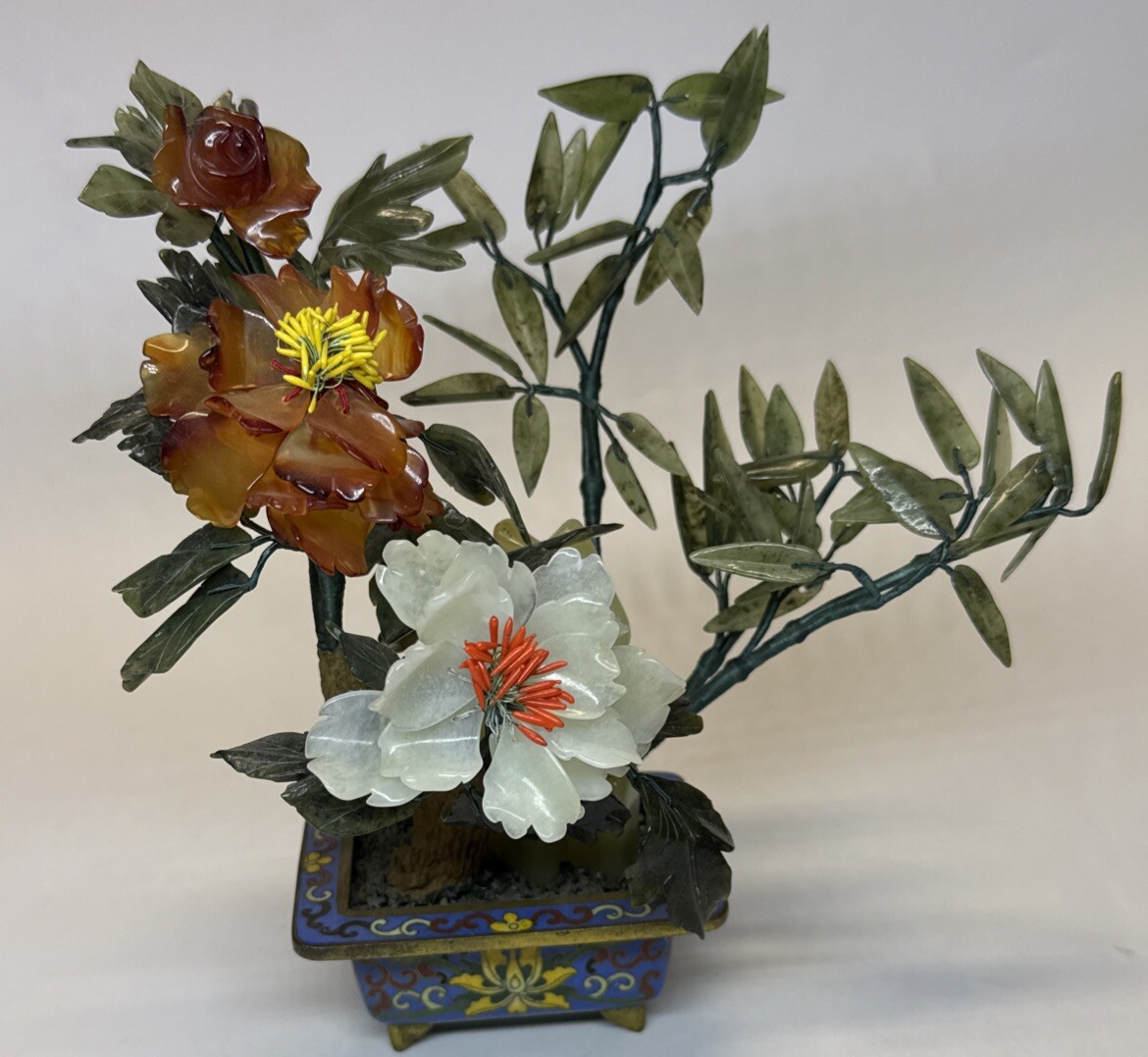Vintage Chinese Qing Dynasty Turquoise Bonsai Tree in Cloisonné Planter Pot