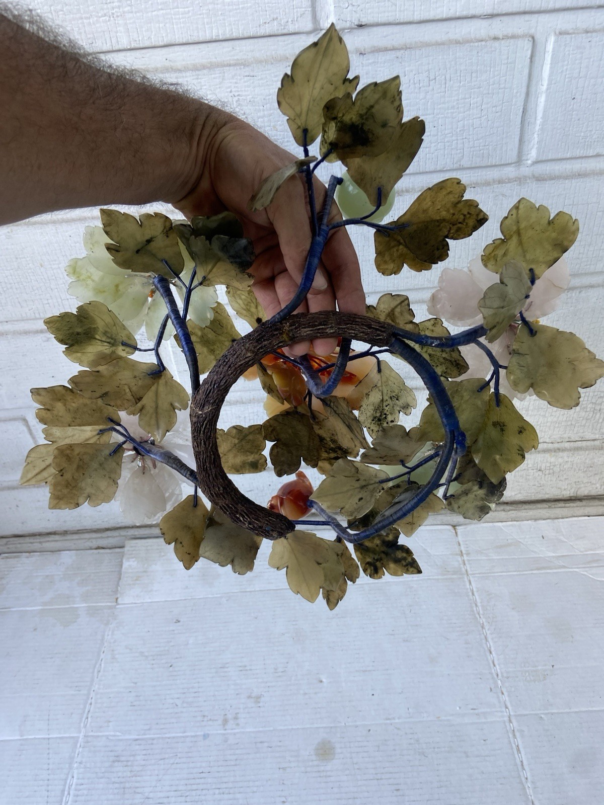 VTG Carved Jade & Gemstone Leaves Flowering Plant, Great Condition 18” diameter.