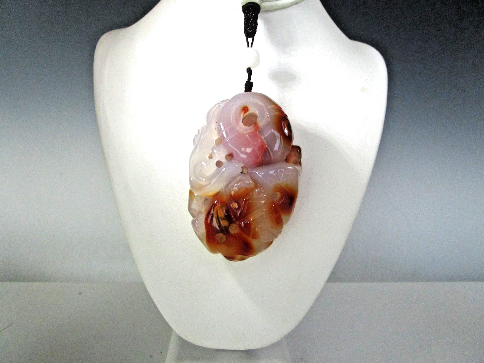 Gorgeous Carved Chinese Agate Lavender, White, Orange Amulet on Cord 3 1/2″