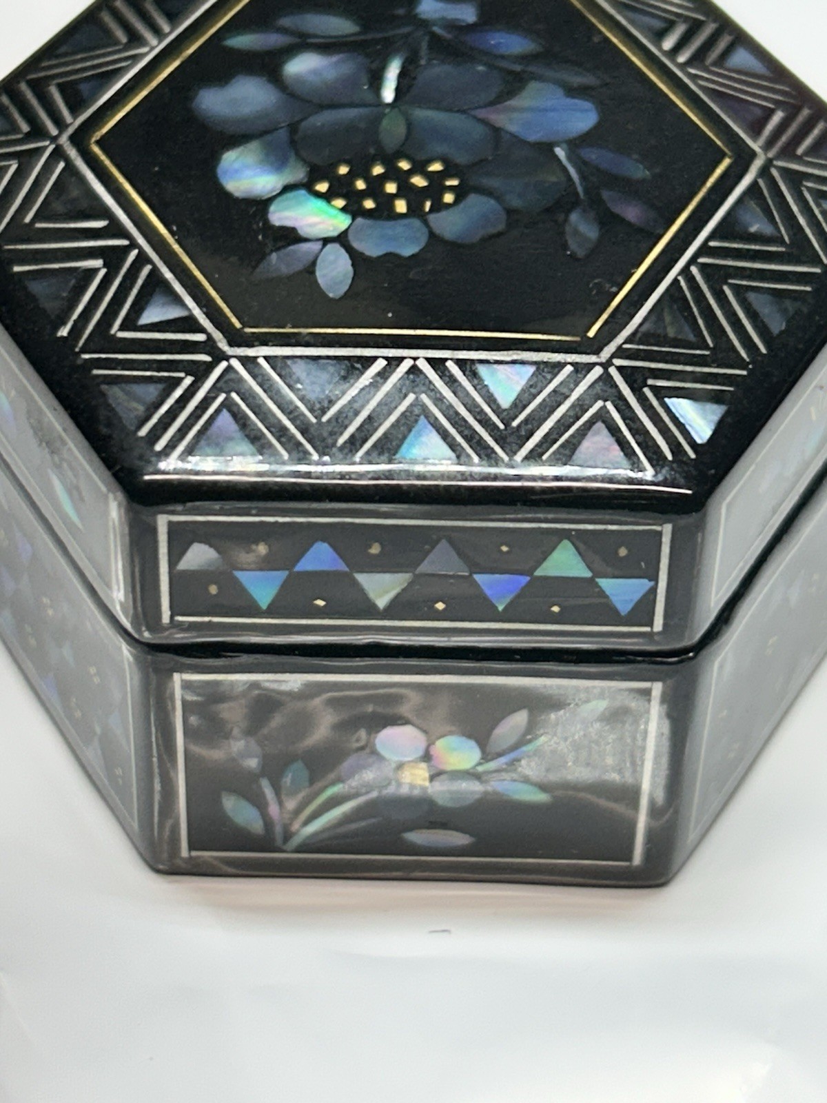 Vintage Hexagonal Mother of Pearl Inlay Lacquer Box Floral Geometric