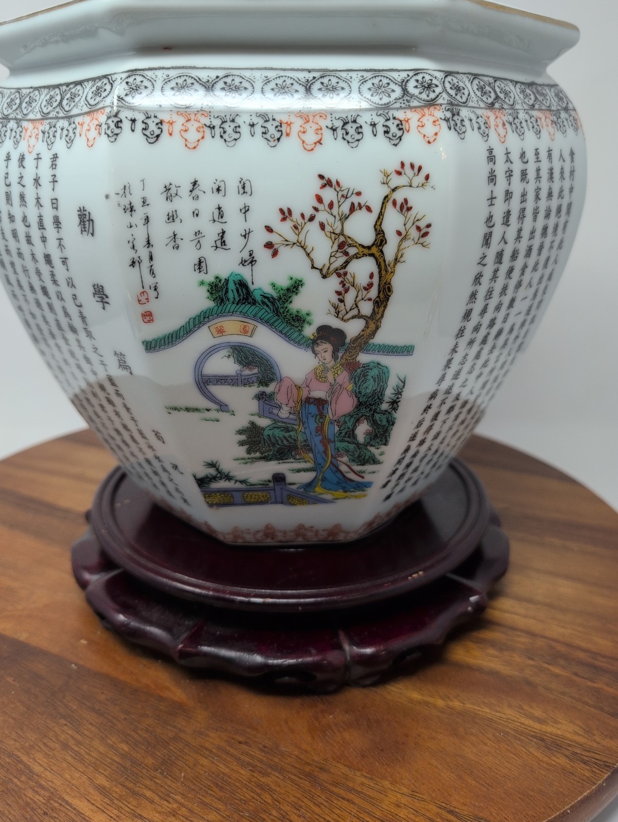 Asian Hexagonal Porcelain Planter 9.25″ By 9″ Tall Women Butterflies Calligraph
