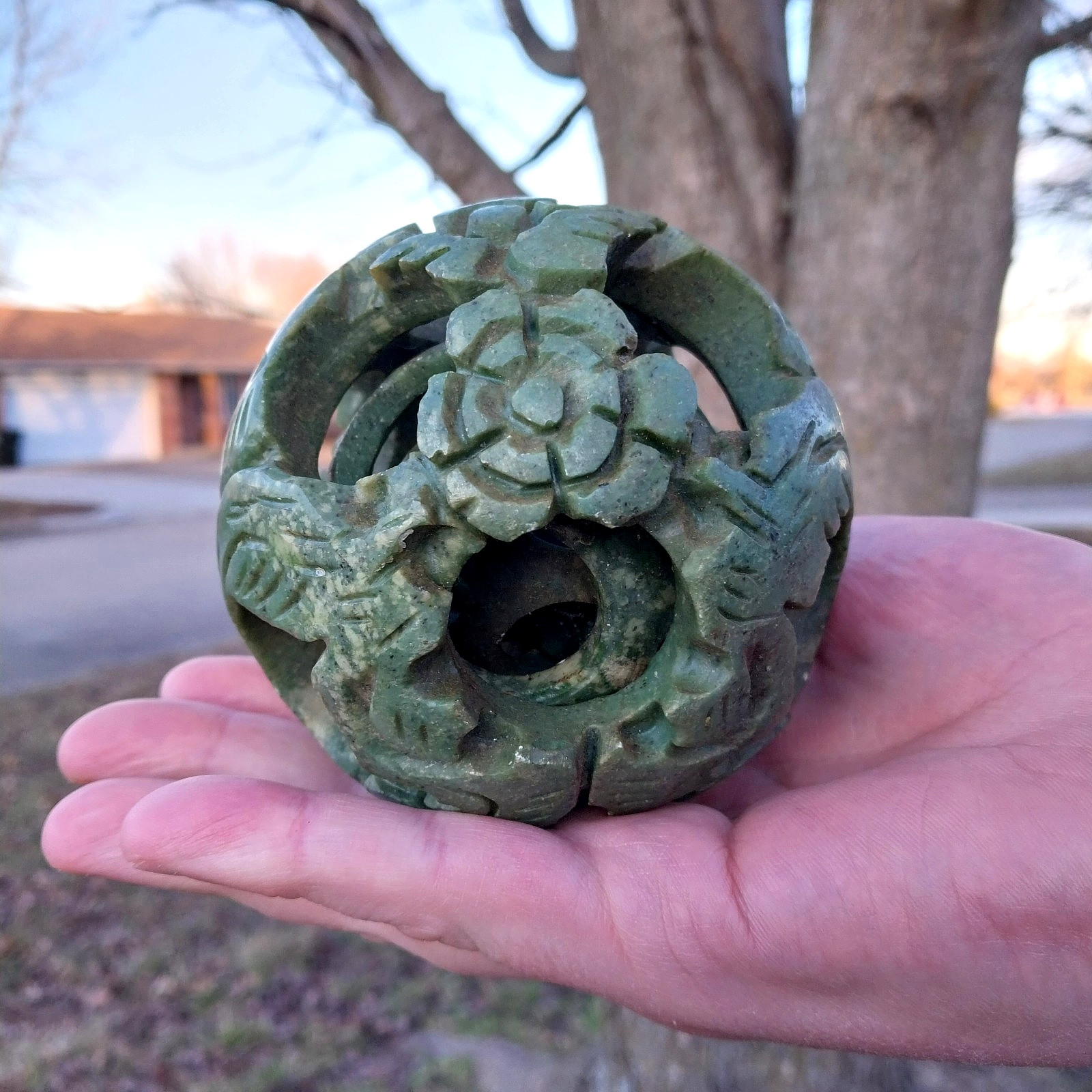 Vintage Chinese Puzzle Ball Natural Serpentine Jade Sphere Round 3.5 Inch