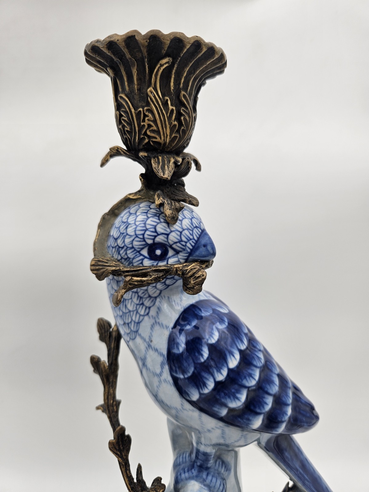 Antique Chinese Bird HOLLYWOOD REGENCY Blue Birds Brass Candle Holders 14″