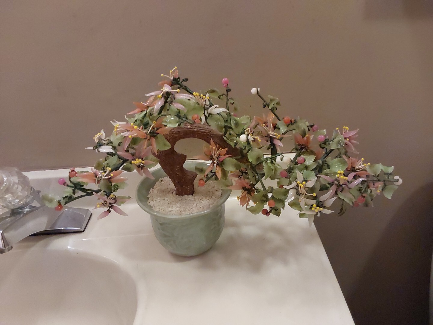 Vintage Jade & Glass Bonsai Tree Multi-Color Chrysanthemum Blossoms Celadon Pot