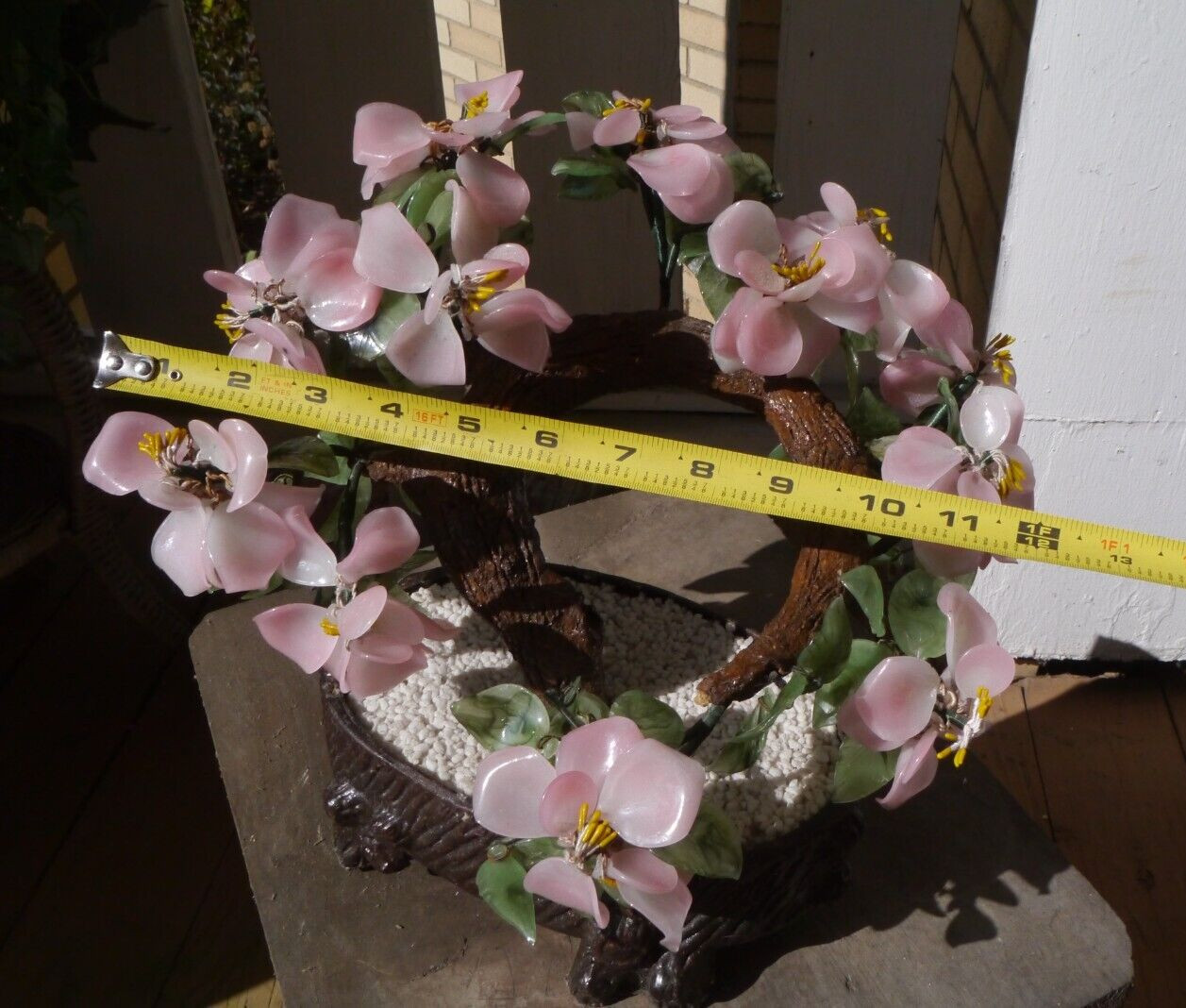 Jade Bonsai Tree Asian Chinese Japanese Art Glass Agate Pot Flowers VTG Dogwood?