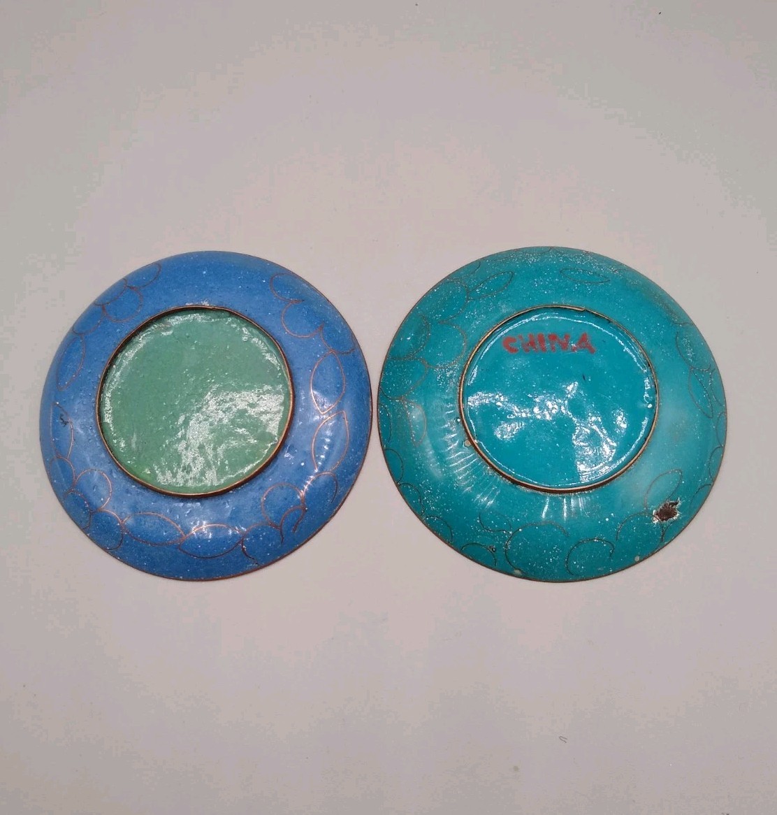 2 Vintage Chinese Cloisonné Enamel Dishes floral and landscape scene 3.75”
