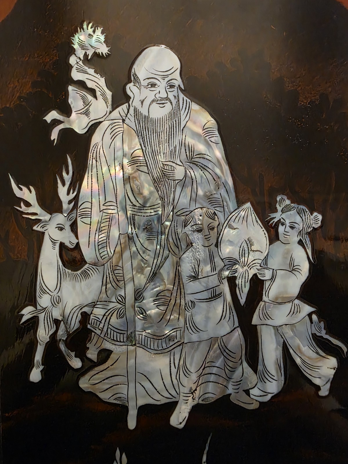 Chinese 4-Panel Black/Brown Lacquer Screen, Mother-of-Pearl Inlay Figures