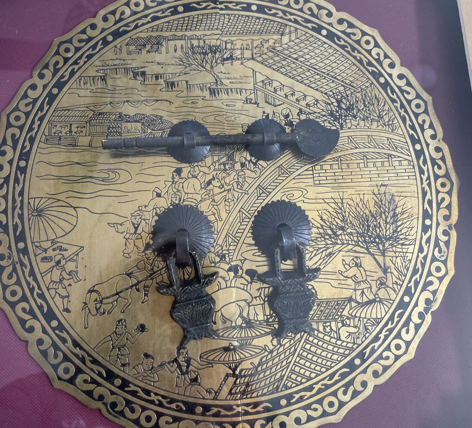 Chinese Shadow Box Oriental Asian Framed Wall Hanging Gold Metal Black Iron