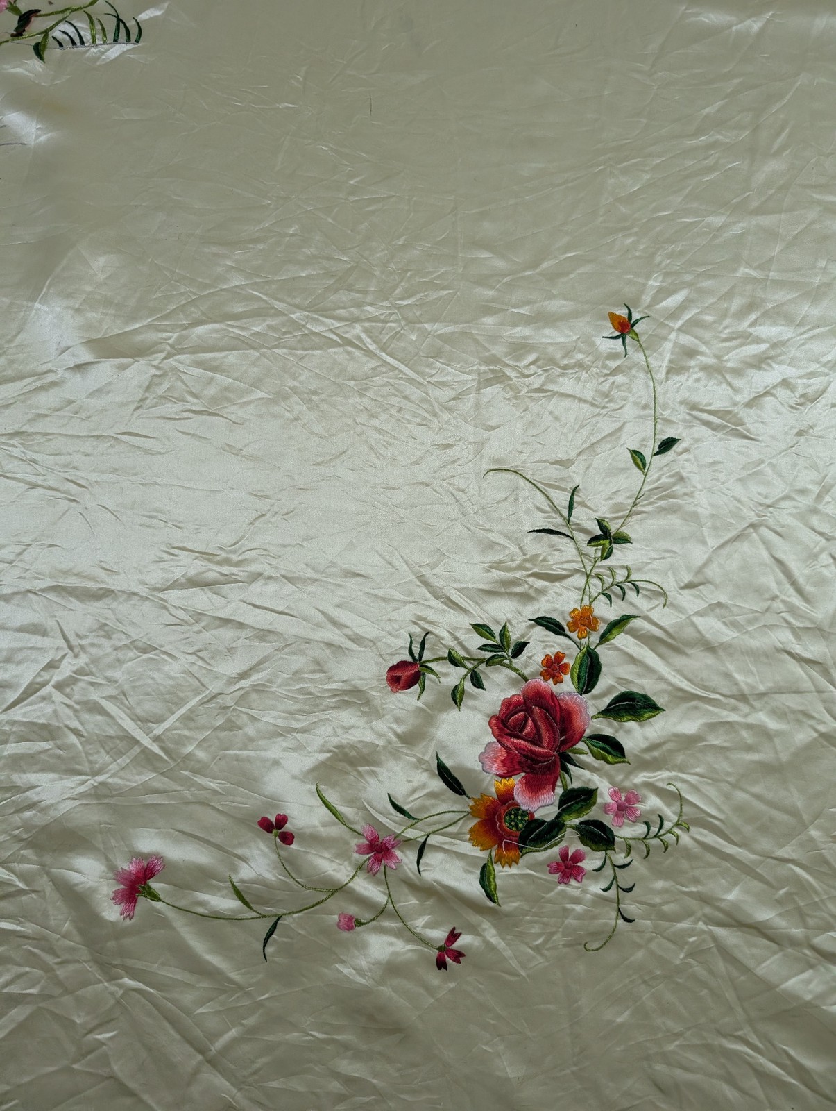 Vintage Chinese Embroidered Floral & Mandarin Ducks Silk Textile 74x56in