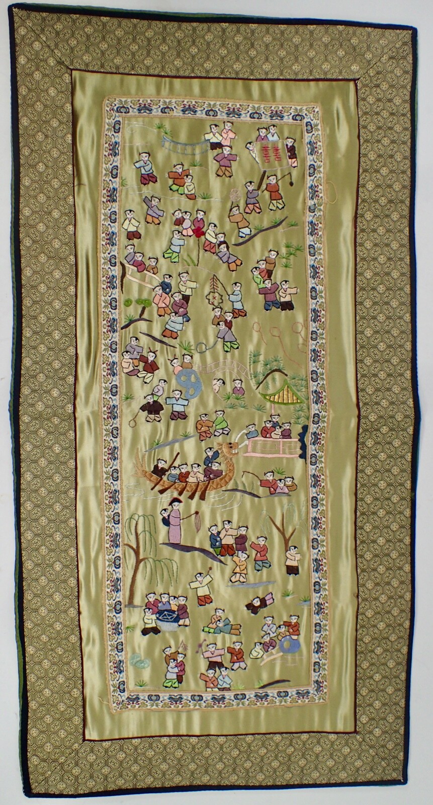 Vtg. Chinese Embroidered Silk Tapestry People & Activities 26″ x 13″ w/ Backing