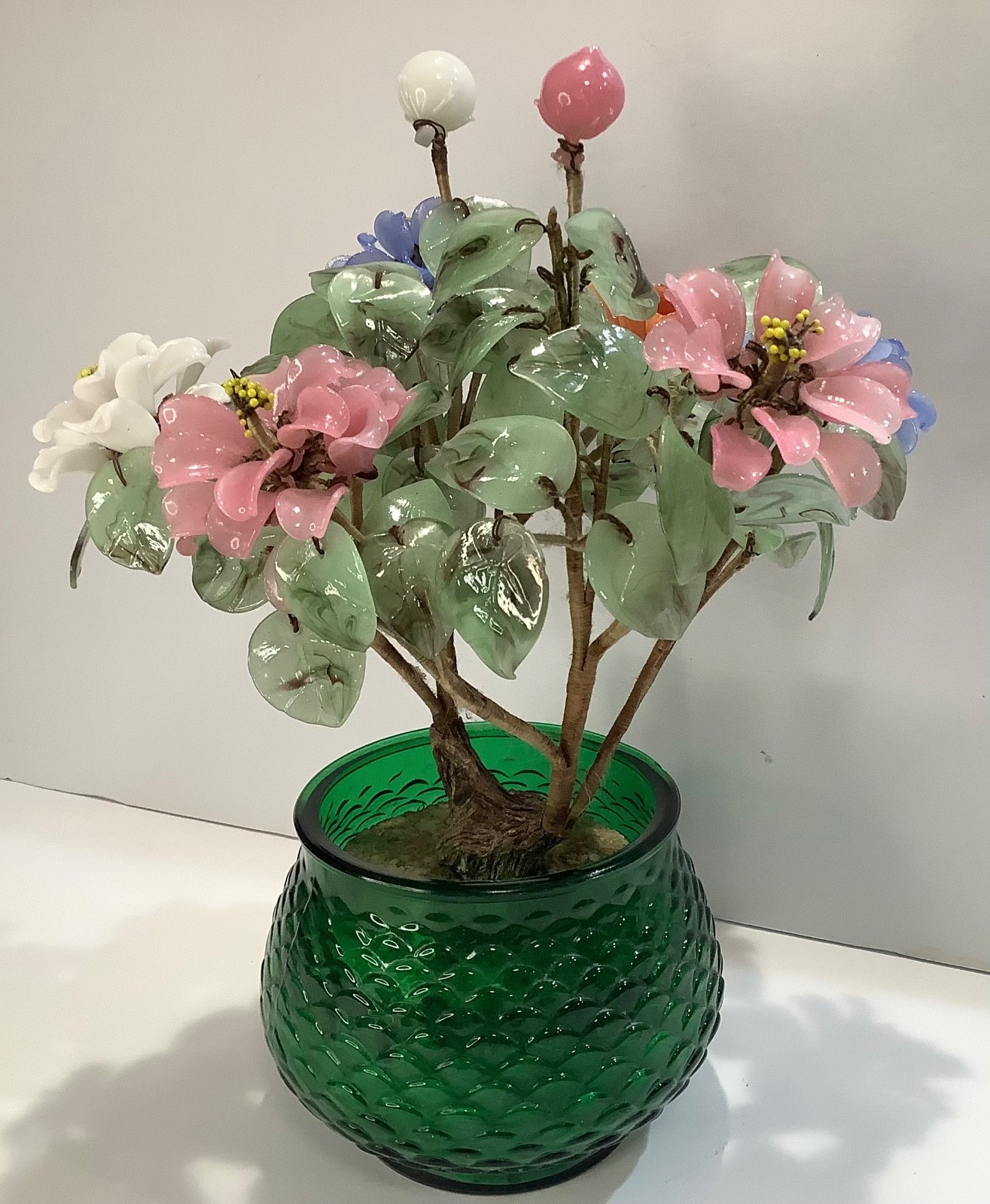Vintage Chinese Jade Color Glass Flowering Bonsai Tree in E.O. Brody Vase