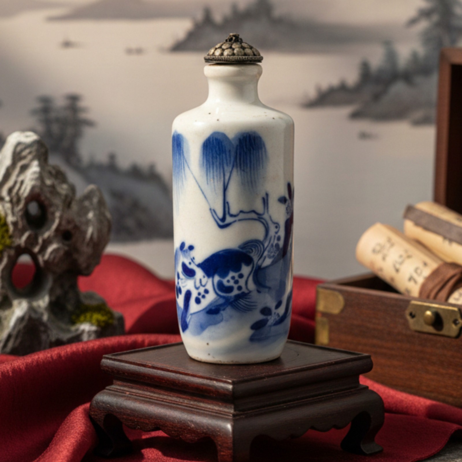 Chinese Blue & White Porcelain Snuff Bottle Republic Period Hand Painted