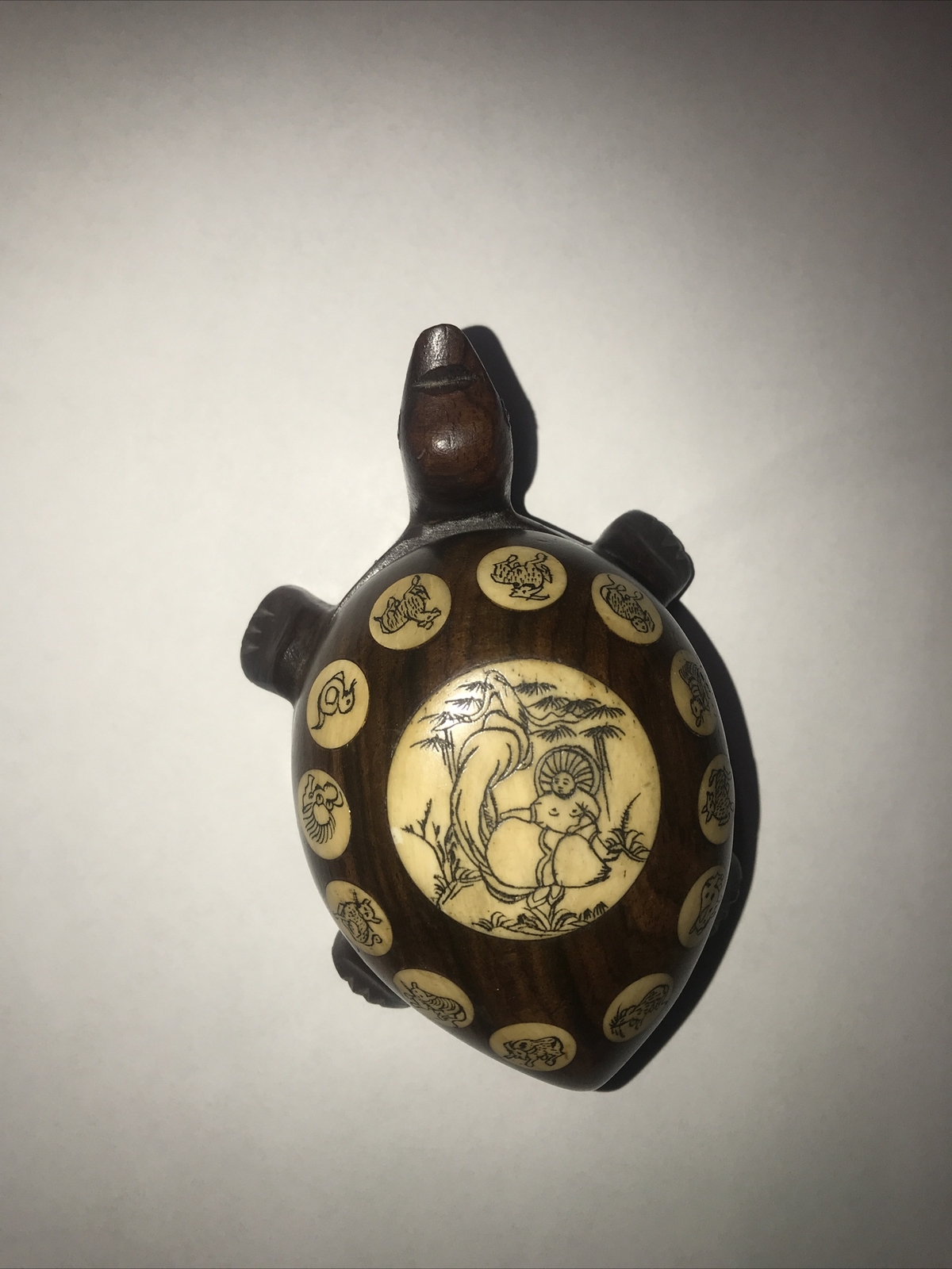Vintage Carved Wood Turtle with Inlaid Chinese Zodiac Signs Opens to Compass 183