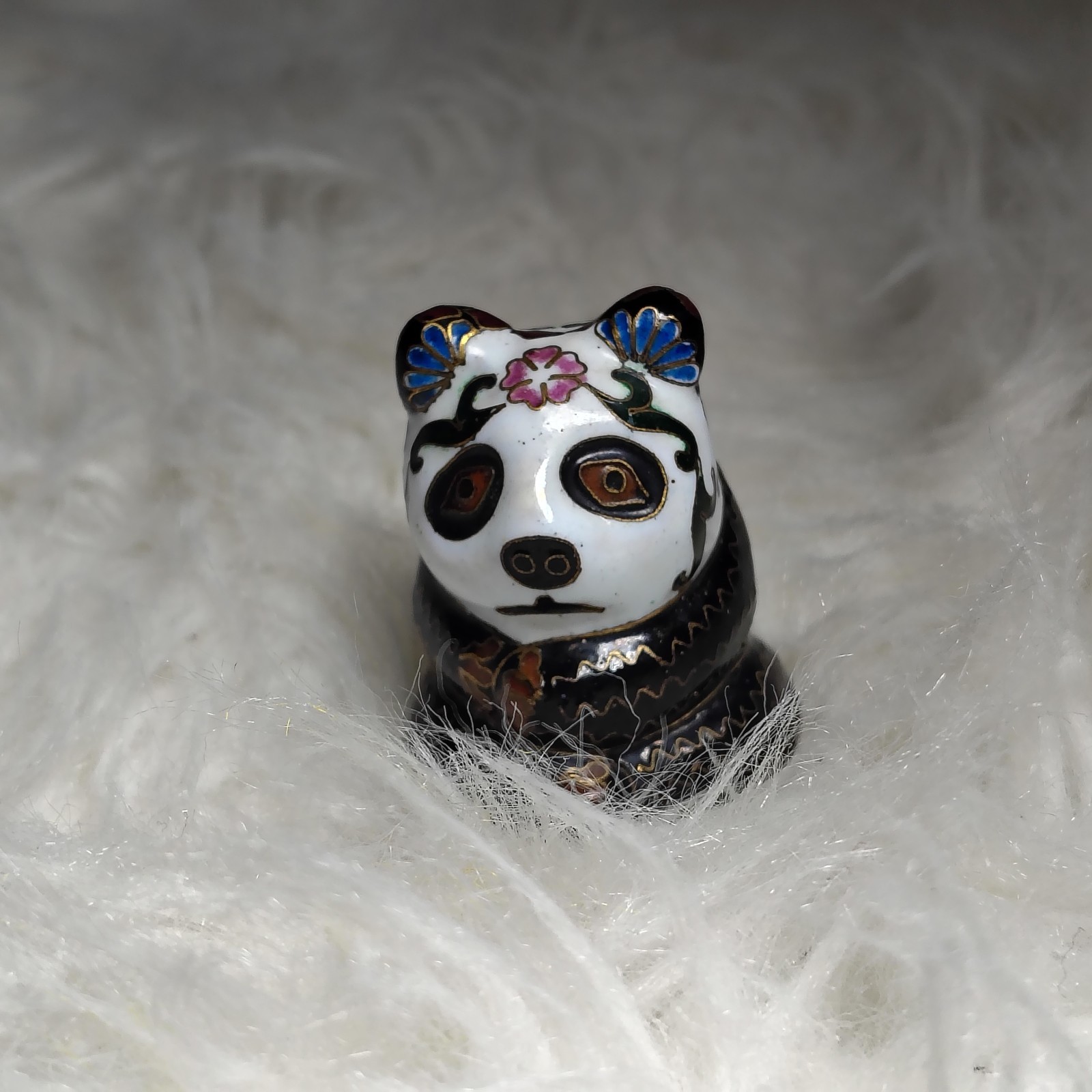 VTG Chinese Cloisonne Mutli Colored Floral Pattern Panda Bear Figurine