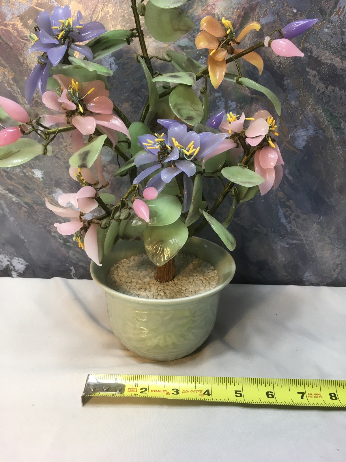 Oriental Bonsai Jade Color Art Glass Flowers Tree Celadon Porcelain Pot 12″-READ