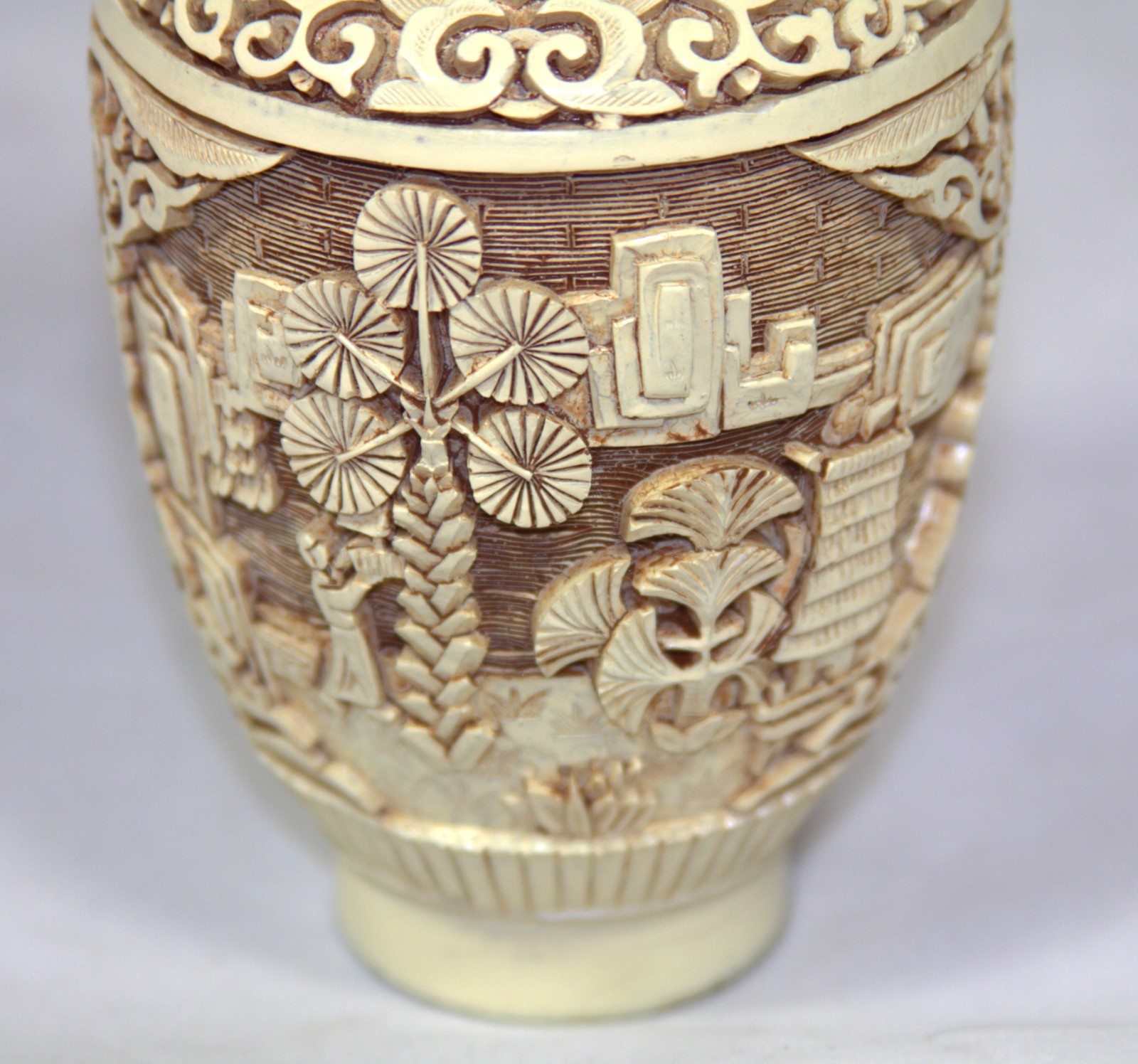 Exquisite “Hand Carved White Chinese Cinnabar Vase” (6.5″ High x 3.25″ Diameter)