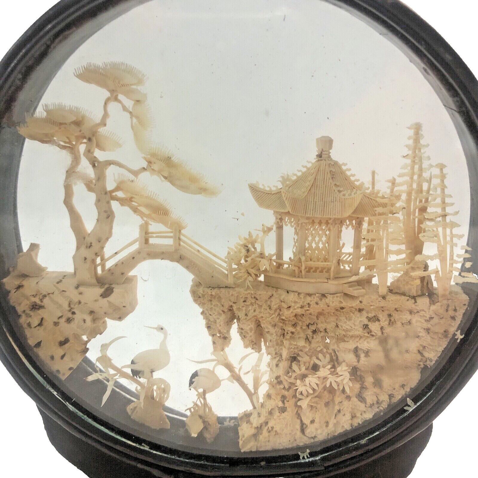 Mid 20th Century Chinese Cork Carving Landscape Art Pagoda Trees Cranes 6 1/2”