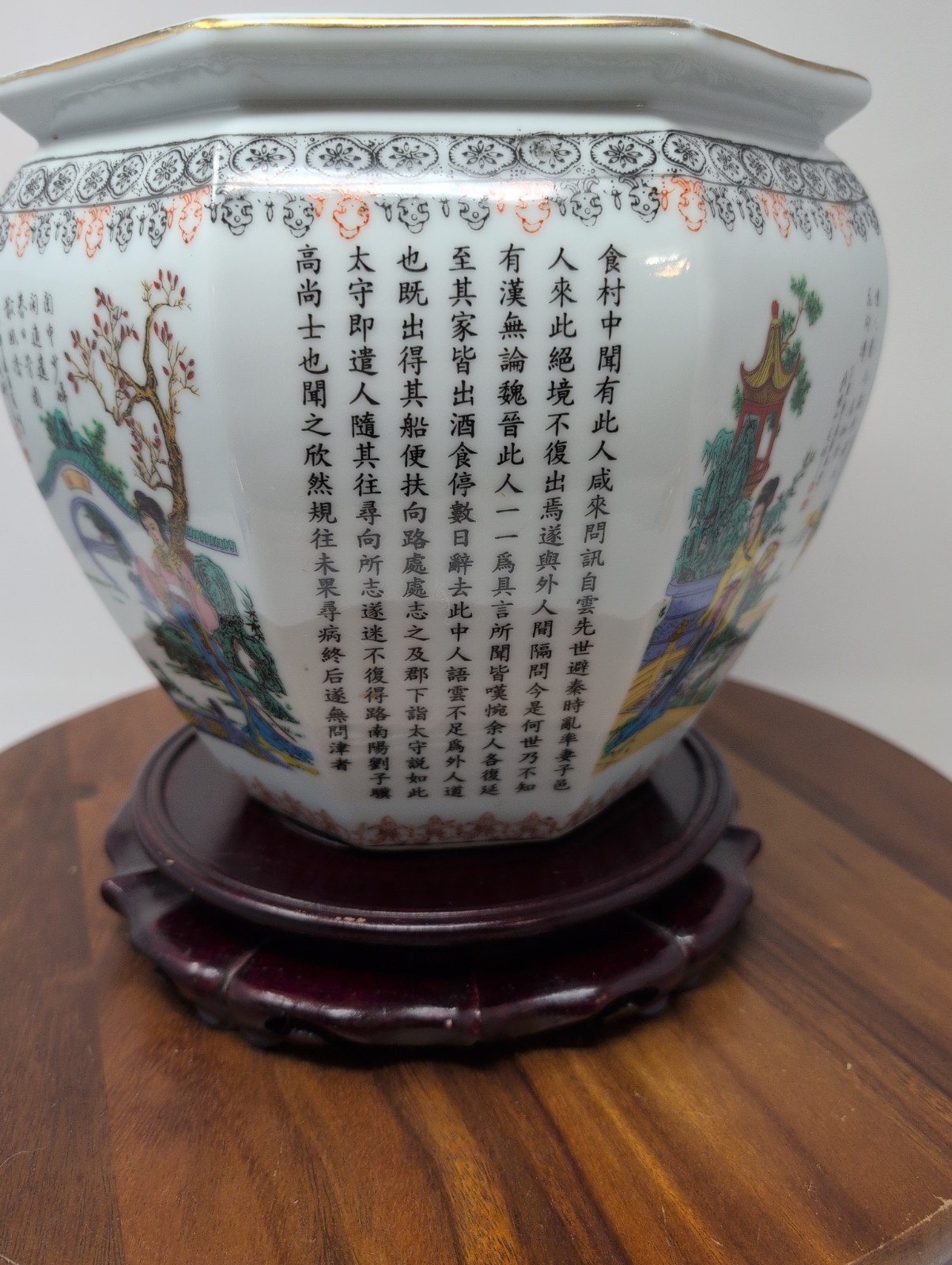 Asian Hexagonal Porcelain Planter 9.25″ By 9″ Tall Women Butterflies Calligraph