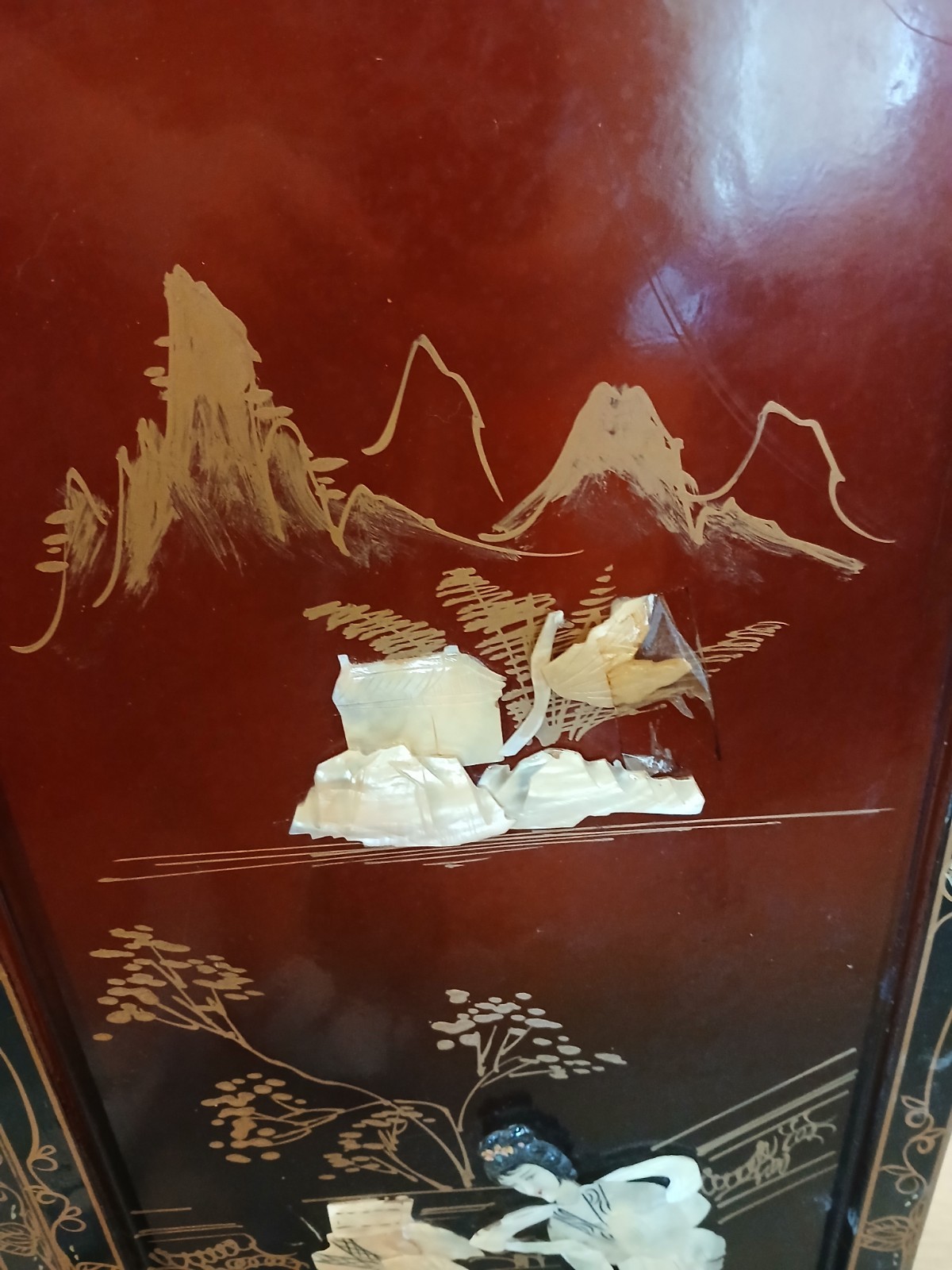 4 Vintage Asian Japanese Mother Pearl Black Lacquer Wall Panels 36″ x 12″