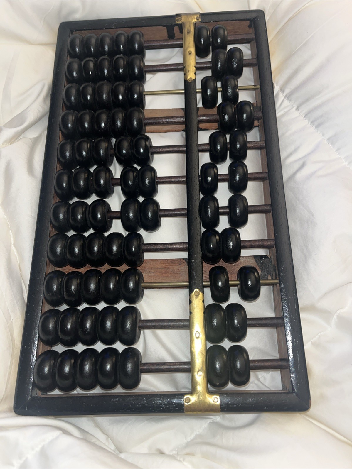Vintage Abacus -11 RODS 77 BEADS Wood Black Painted Brass Accents Hong Kong