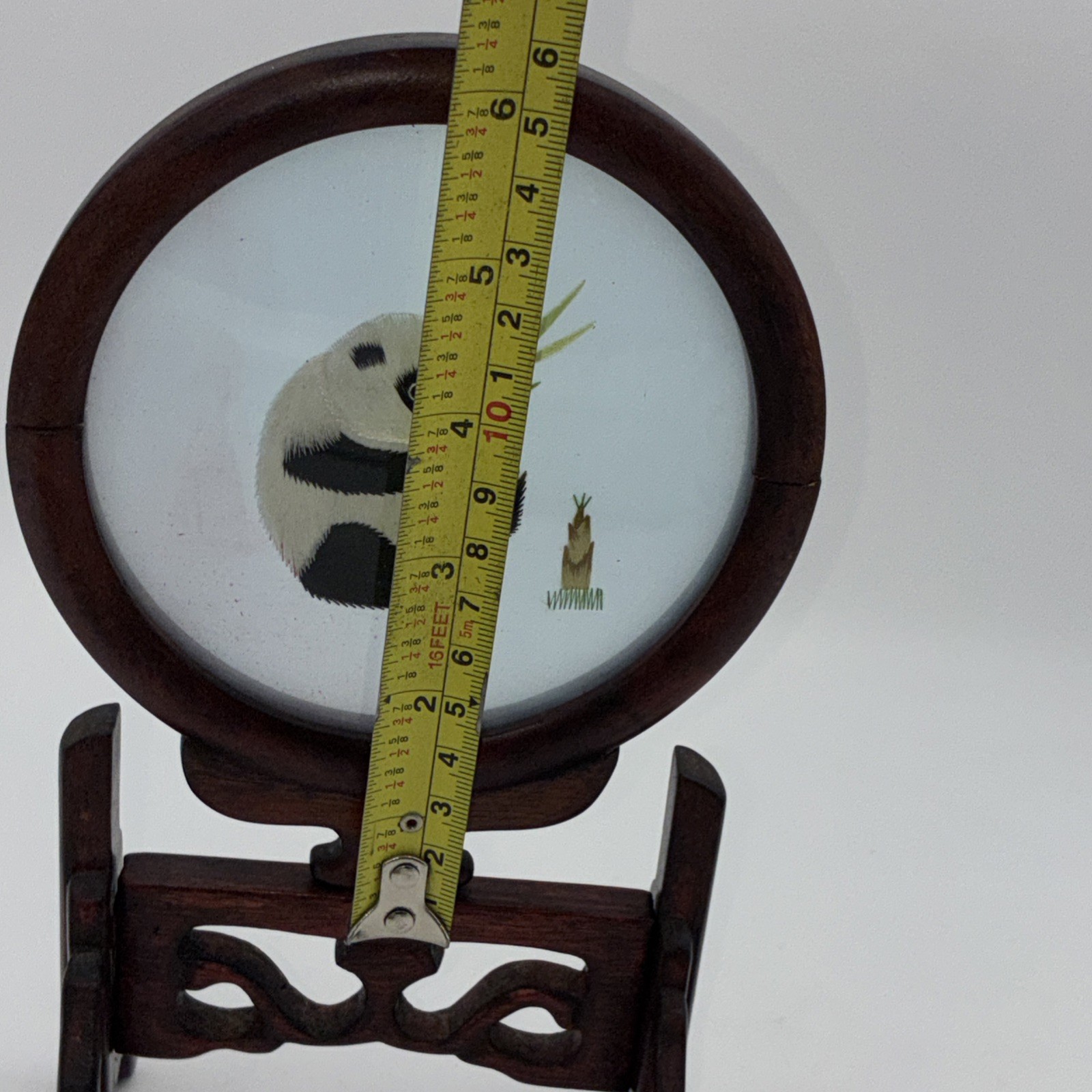 ASIAN Chinese Panda Double Sided Silk Embroidery Wooden Screen – Read