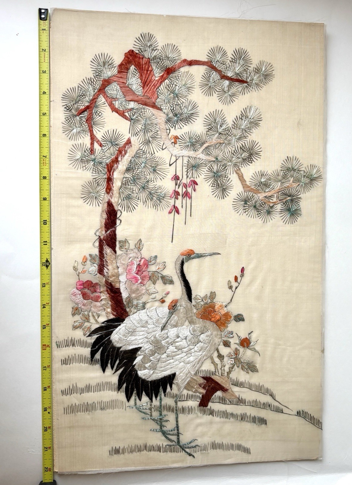 Antique Chinese Silk Embroidery Panel | Hand-Stitched Crane & Pine | 22” Textile