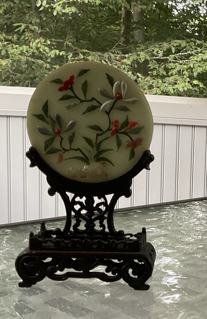 Vintage Possibly Antique Chinese Jade Coral Miniature 7.50” Plaque on Wood Stand