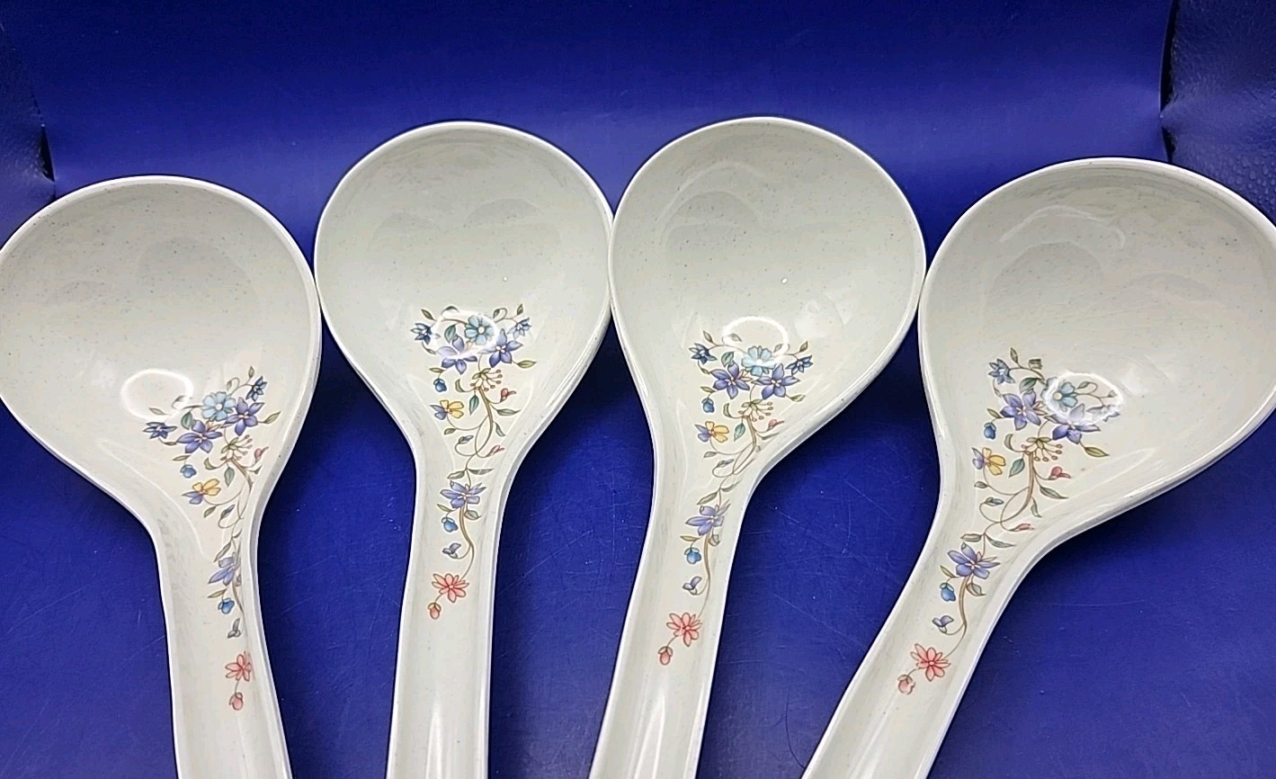 Melamine Asian soup spoons LADLES Lot of 4 9in Flowers NICE