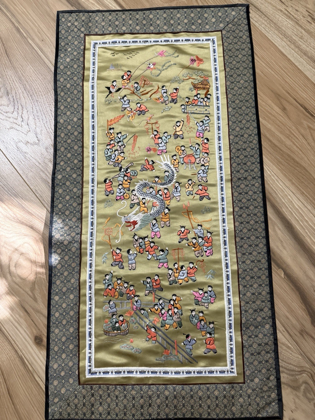 Antique Chinese Silk Embroidery Panel w/ People Framed Art Large 100 Children