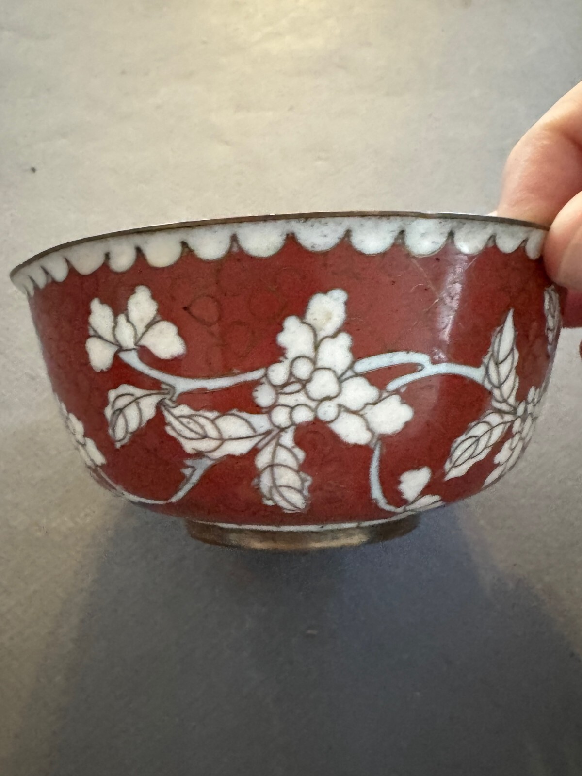 RUST RED/BROWN GREEN INTERIOR ASIAN CHINESE CLOISONNE ZINNIA FLOWER BOWL VTG