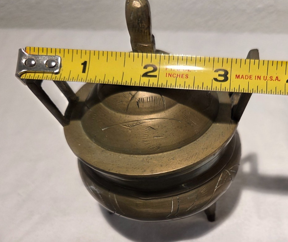 Vintage Marked & etched Chinese Brass Tri-Footed Incense Burner Holder