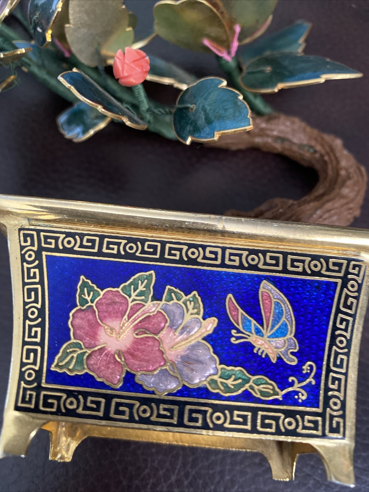 VINTAGE CHINESE GUILLOCHE ENAMEL BONSAI TREE & FLOWERS w/ CORAL CLOISONNE POT