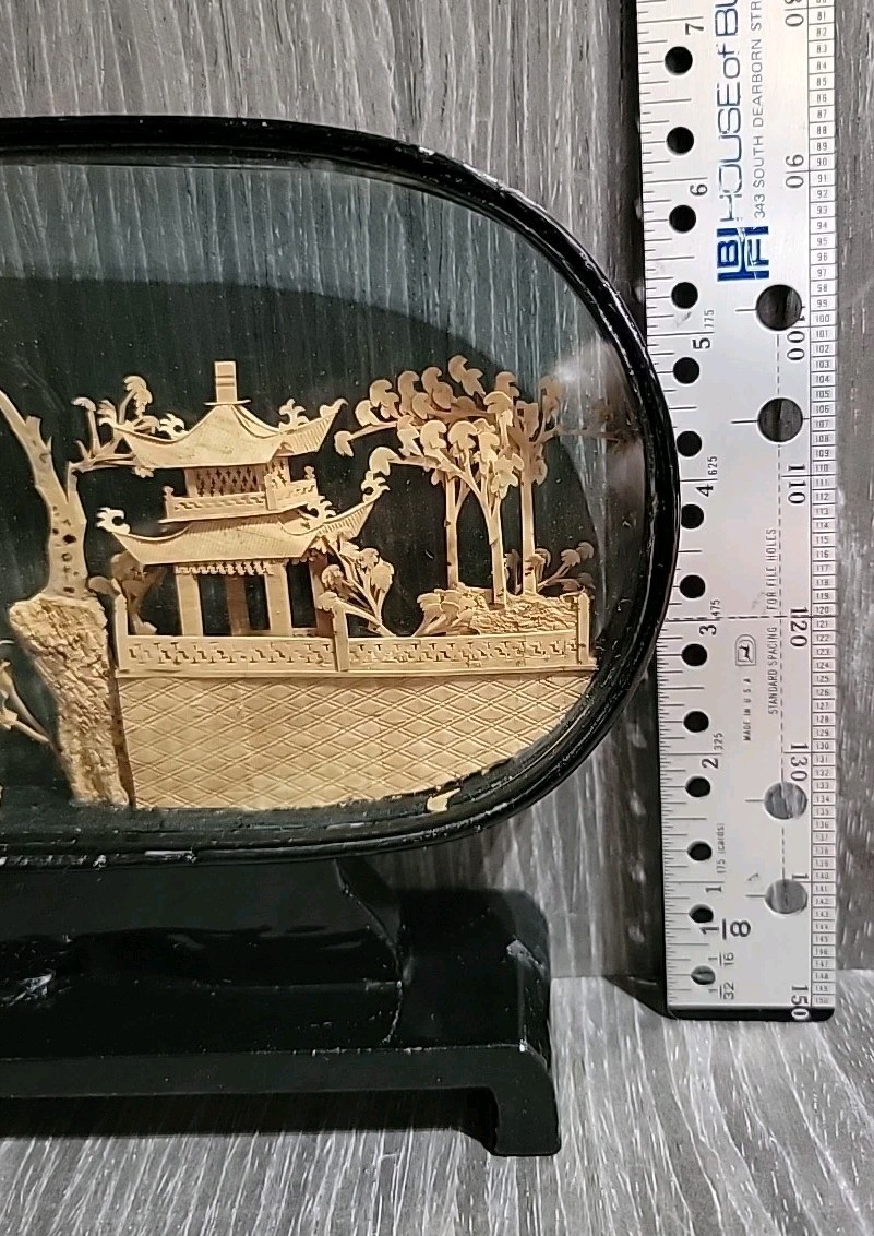 Vintage Chinese Diorama Cork Carving Glass Case Pagoda/Trees/Cranes 8″x6.5″x2″