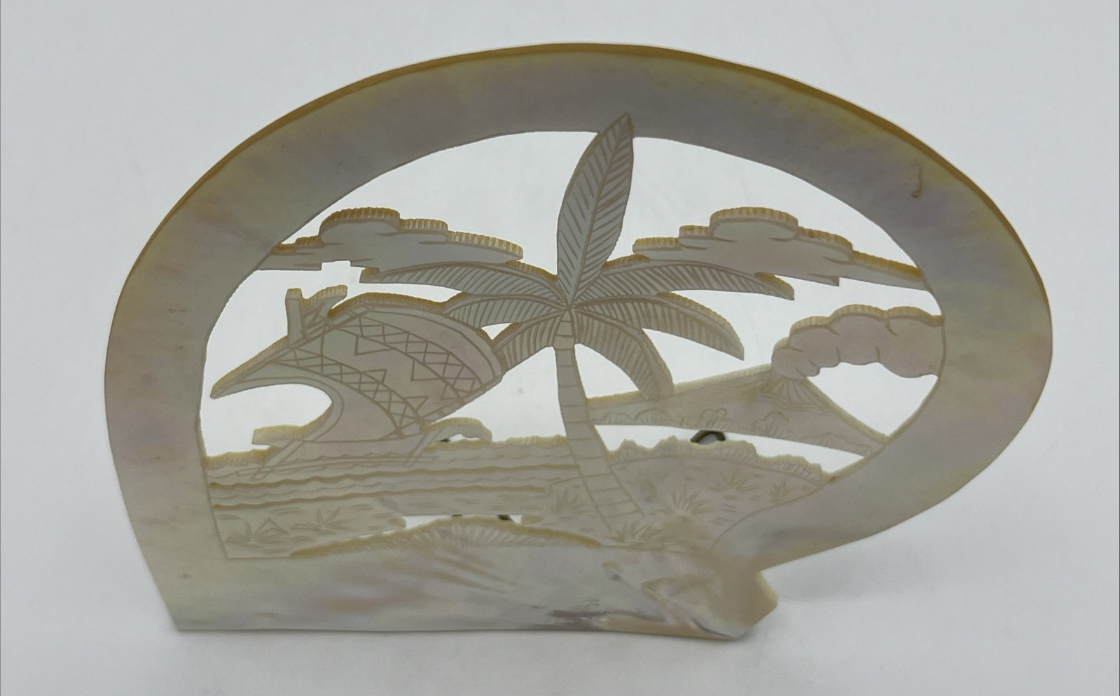 Carved Mother of Pearl Shell Asian Scene with Stand 6″ Tall