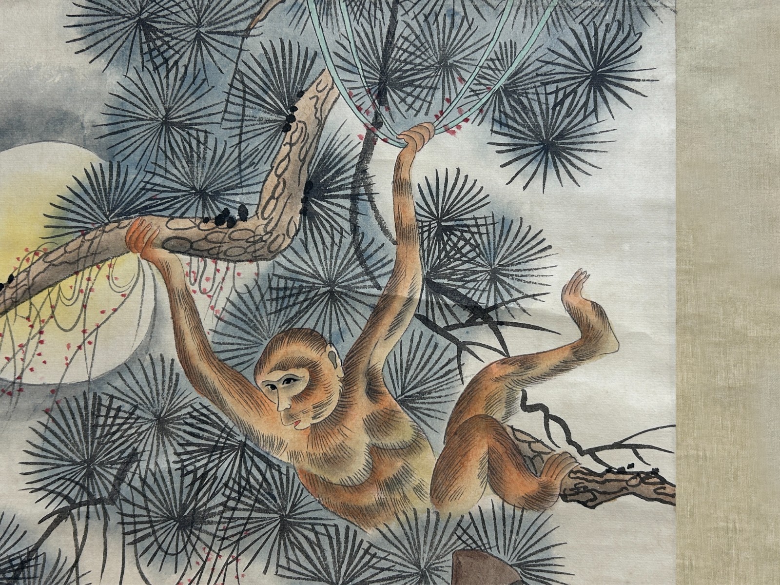 Oriental Scholar Monkeys Ink Brush Color Scroll Painting Wall Art ws4781