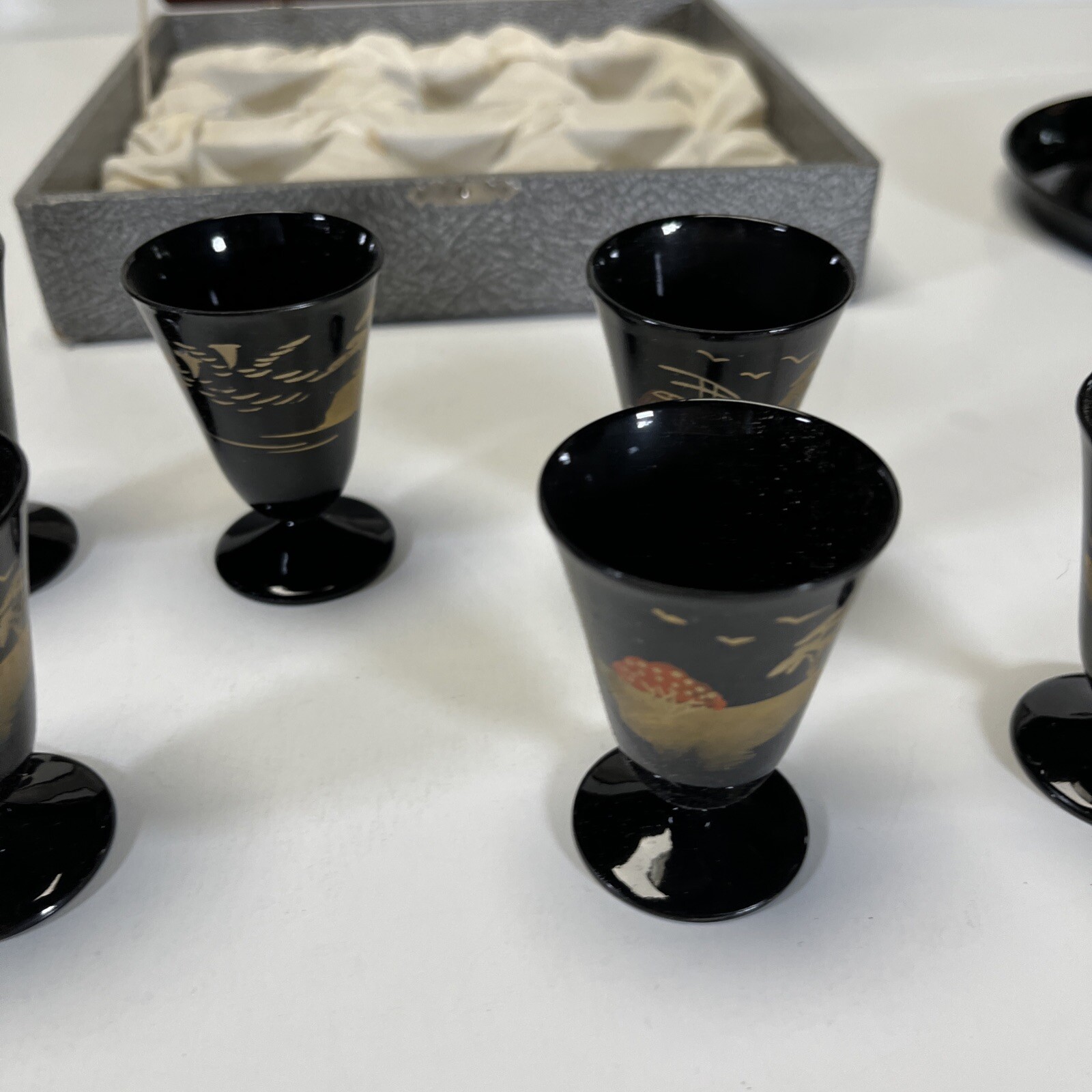 VINTAGE 1940s ASIAN BLACK LACQUER WOOD PLATE & CORDIAL SET UNIQUE