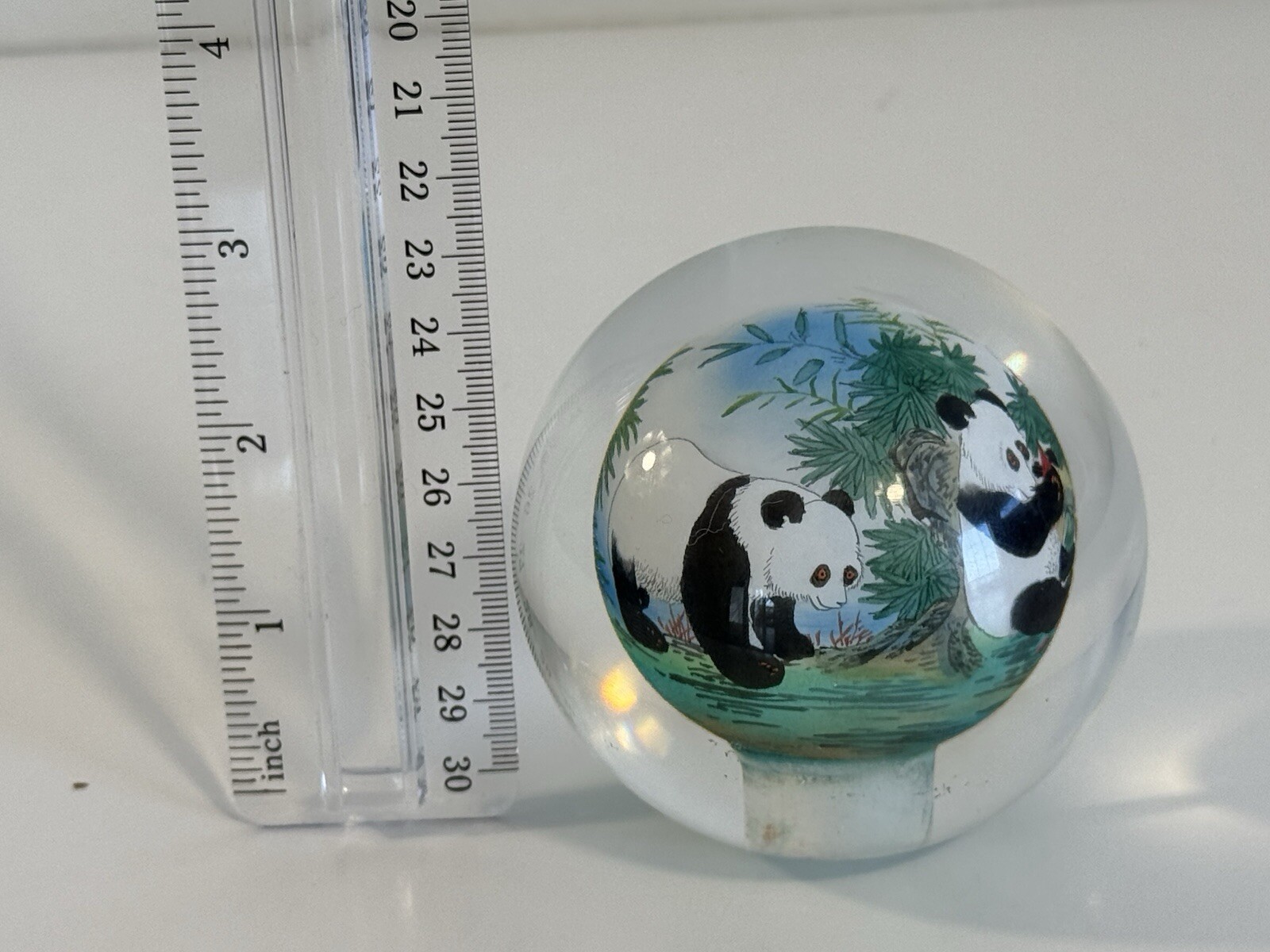 Chinese Glass Ball Sphere Paperweight Reverse Hand Painted Pandas