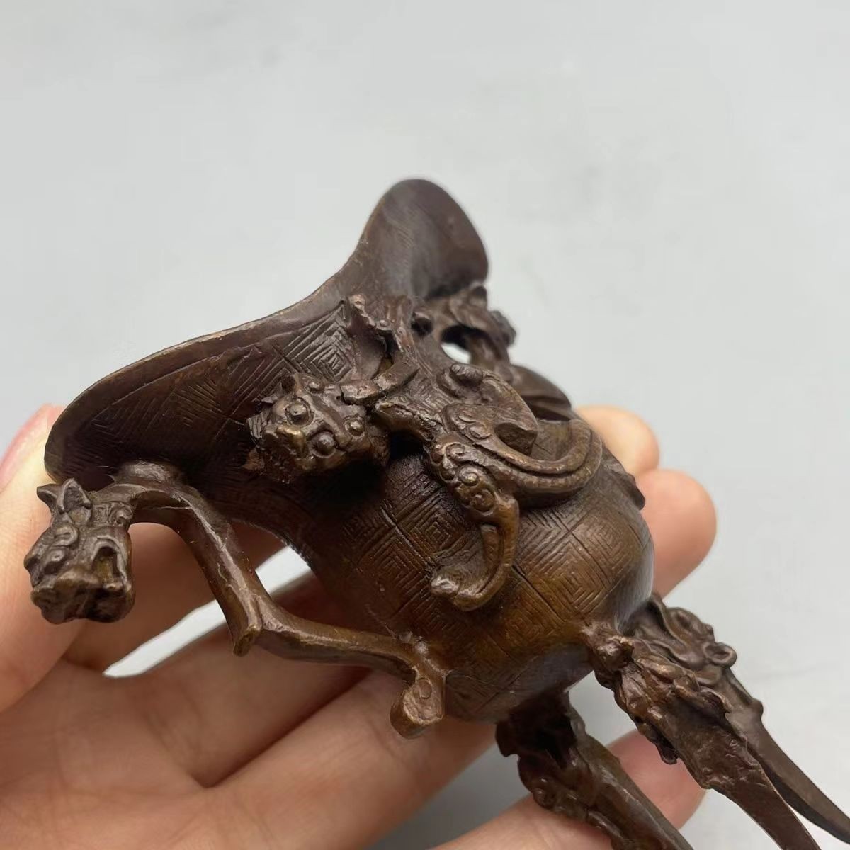 Old Chinese Copper Alloy Three-Legged Auspicious Beast Wine Vessel