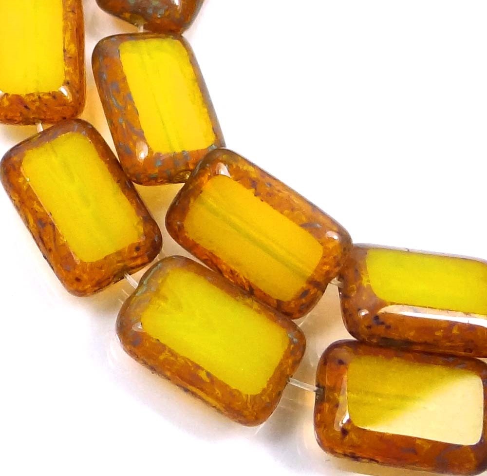 12x8mm Czech Glass Rectangle Beads Milky Yellow – Picasso (12)