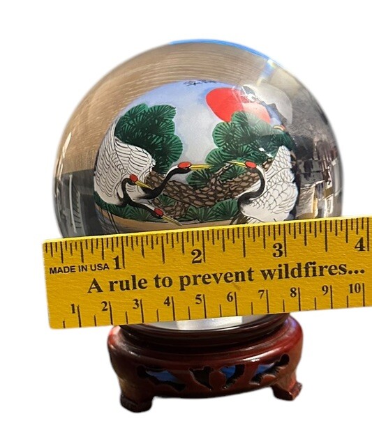 Interior Painted Glass Sphere Depicting Beautiful Scenes With Cranes Vintage