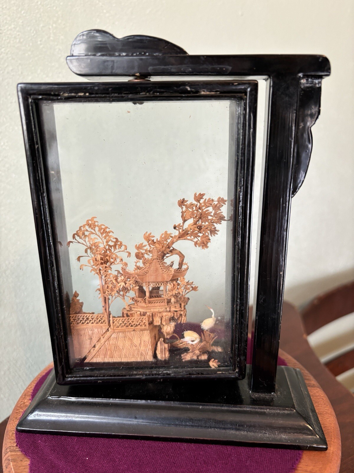 VTG Oriental Hand Carved Cork Diorama of Pagoda & Crane in Dark Wood Swing Base