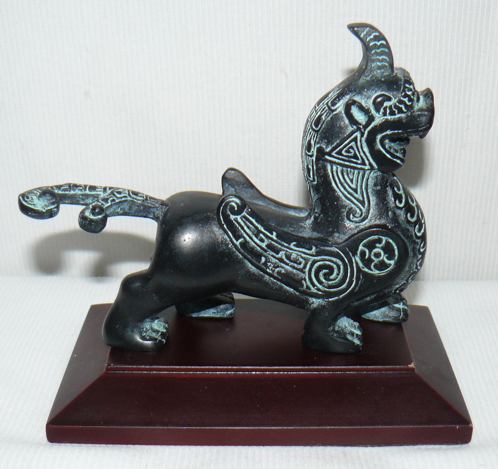 Chinese Bronze Griffin On Wood Stand 5×5″ Hollow