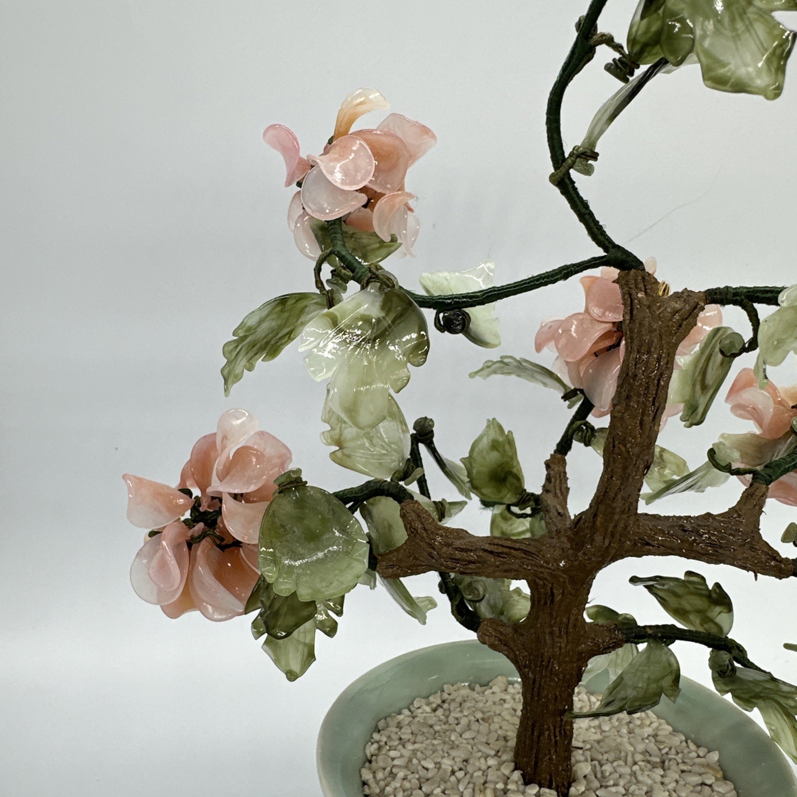 Vtg Chinese Jade Glass Cherry Blossom Bonsai Tree Pink Flower Celadon Pot 11×9.5