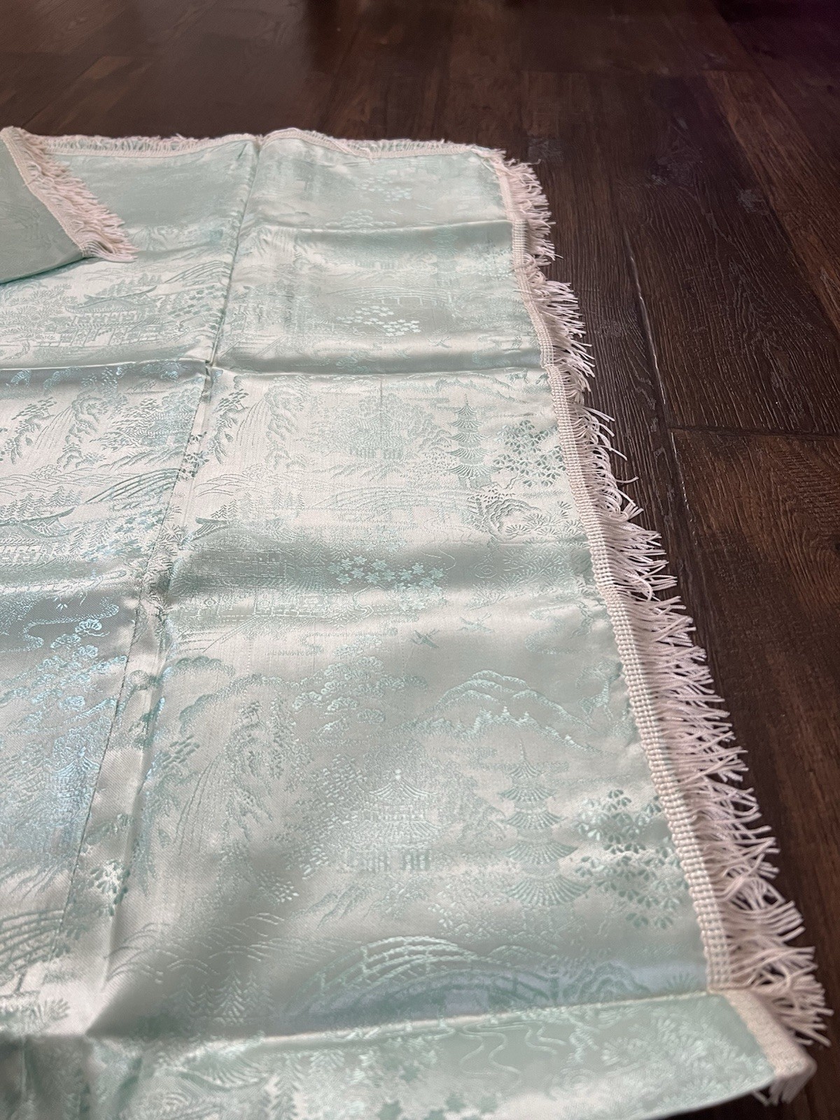 Vtg BROCADED Silky Ice Blue Tablecloth Cover Reversible China Fringe 50×60” MCM