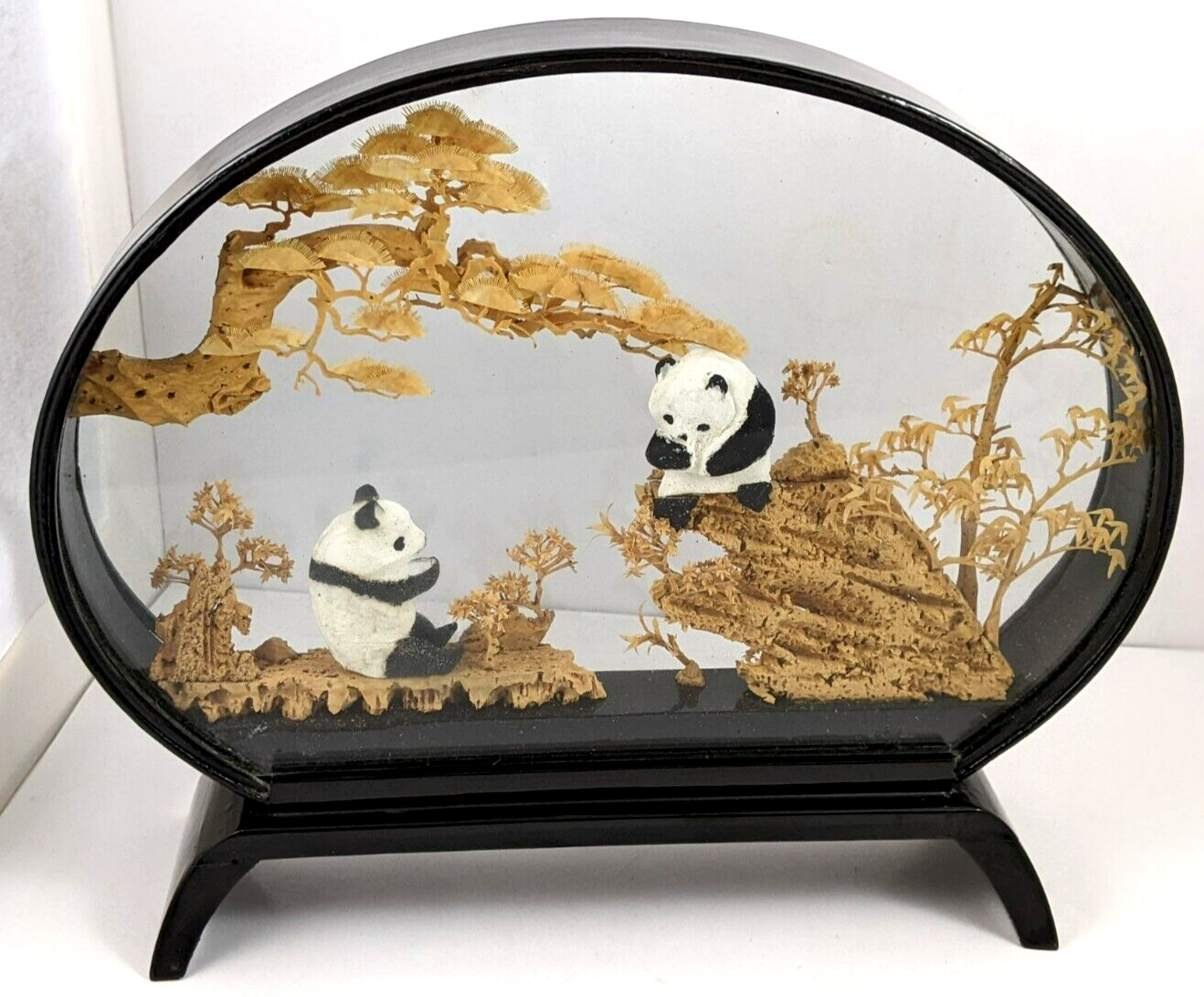 Chinese Oval Diorama Panda Bears Hand Carved Cork Trees Scene Lacquered Frame