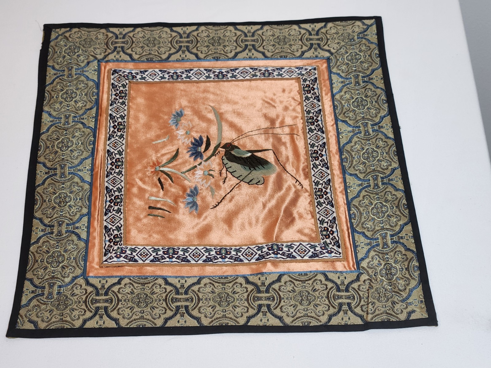 Vintage Chinese Hand Embroidered Silk Panel Flowers Grasshopper Design
